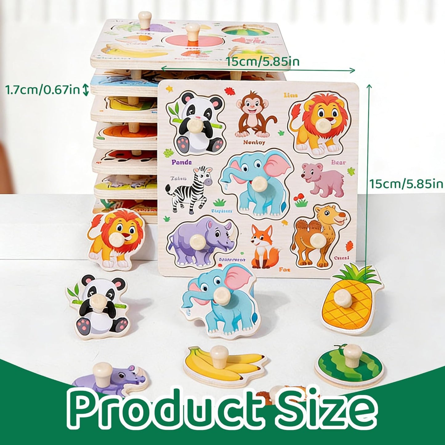 Wooden Puzzles for Toddlers 1-3, 8 Pack Peg Puzzles for Kids with Animals, Dinosaurs, Fruits, Vegetables, Educational Preschool Learning Toys, Birthday Gifts for Boys, Girls