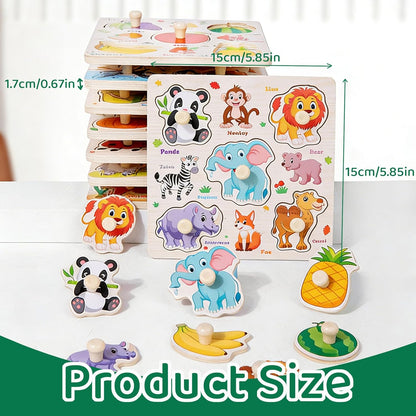 Wooden Puzzles for Toddlers 1-3, 8 Pack Peg Puzzles for Kids with Animals, Dinosaurs, Fruits, Vegetables, Educational Preschool Learning Toys, Birthday Gifts for Boys, Girls