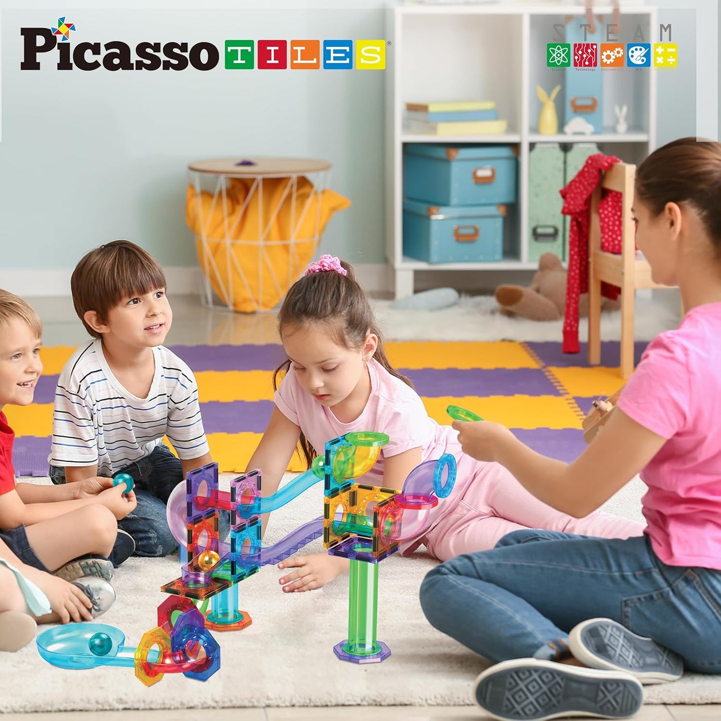 PicassoTiles Marble Run 60 Piece Race Track Magnetic Tiles Magnet Building Block Educational Construction Toy Set Playset STEM Learning Kit Child Brain Development HandEye Coordination Training PTG60