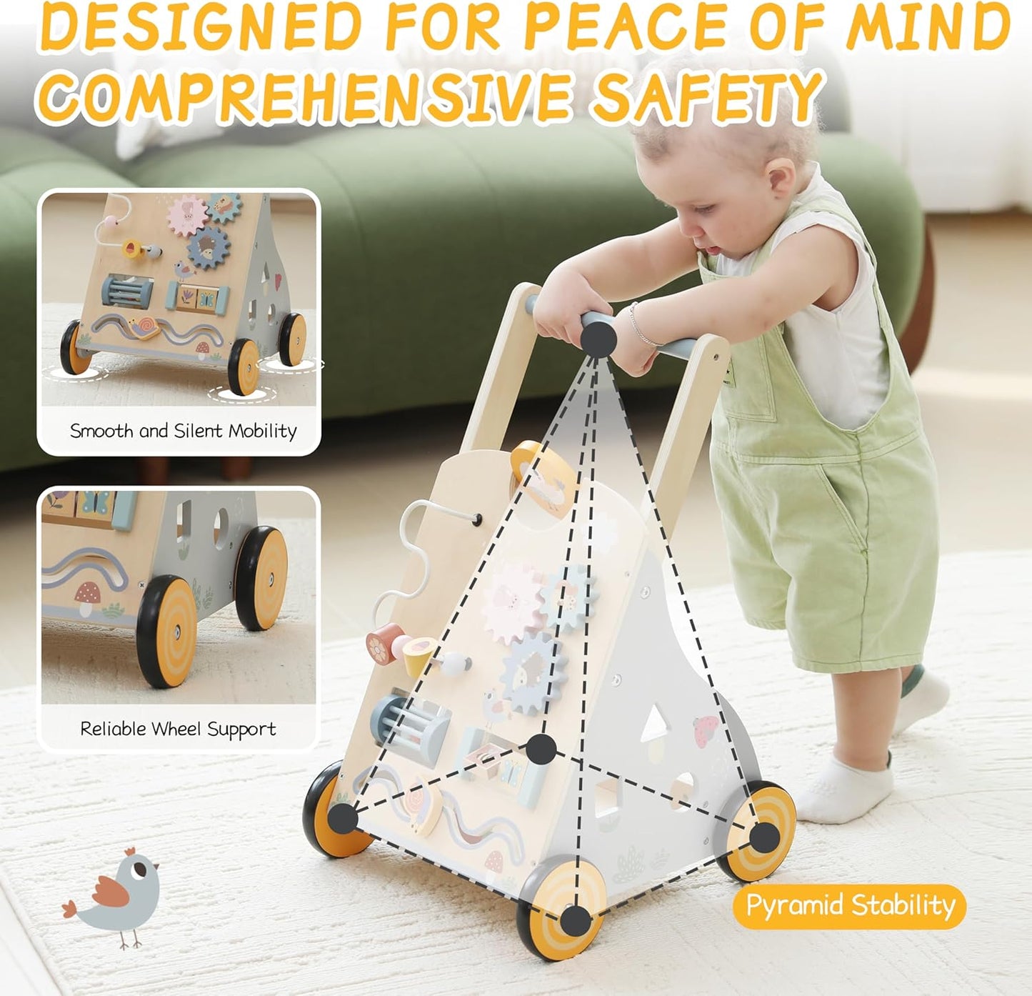 Wooden Baby Push Walker and Toddler Pull Learning Activity Toy - Develop Motor Skills & Creativity - Multiple Activities Center for 1-3 Years Old Boys and Girls