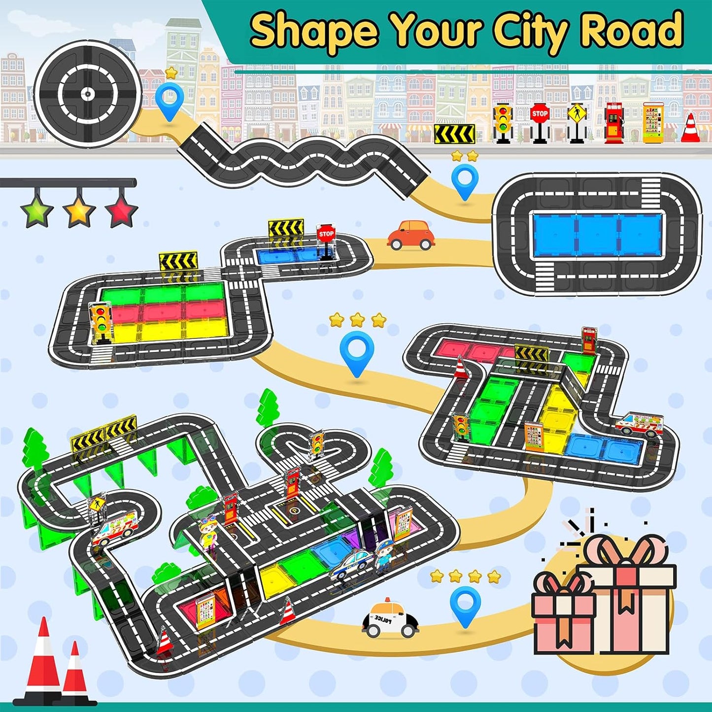 Magnetic Tiles - Road Set, Magnetic Building Blocks, Preschool Montessori Toys Gift for 3+ Year Old Boys and Girls, Sensory Christmas Toys for Kids Aged 3-5 and 4-8, Ideas for Toddler with Autism