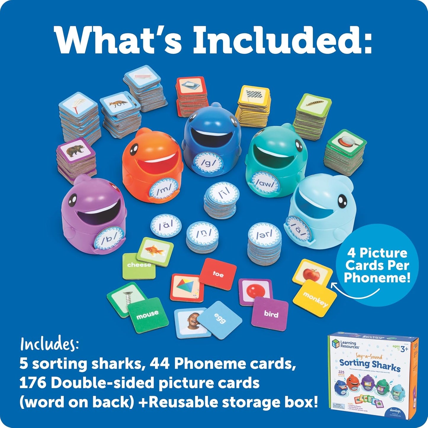 Learning Resources Say-a-Sound Sorting Sharks - Montessori Toys, Kindergarten Learning Activities, Phonemic Awareness Flash Cards, Dyslexia Tools for Kids, Speech Therapy Materials, Learn to Read