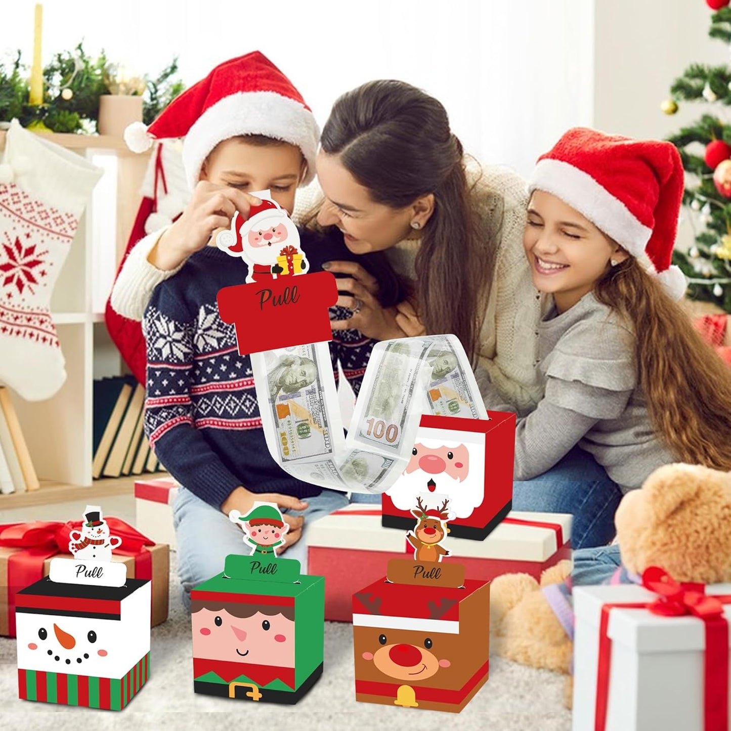 4 Pack Christmas Money Box for Cash Gift Pull Christmas Surprise Money Holder Boxes with Pull Out Cards Santa Claus DIY Cash Gift Box with 120 Transparent Bags for Adult Kids Holiday DIY Set