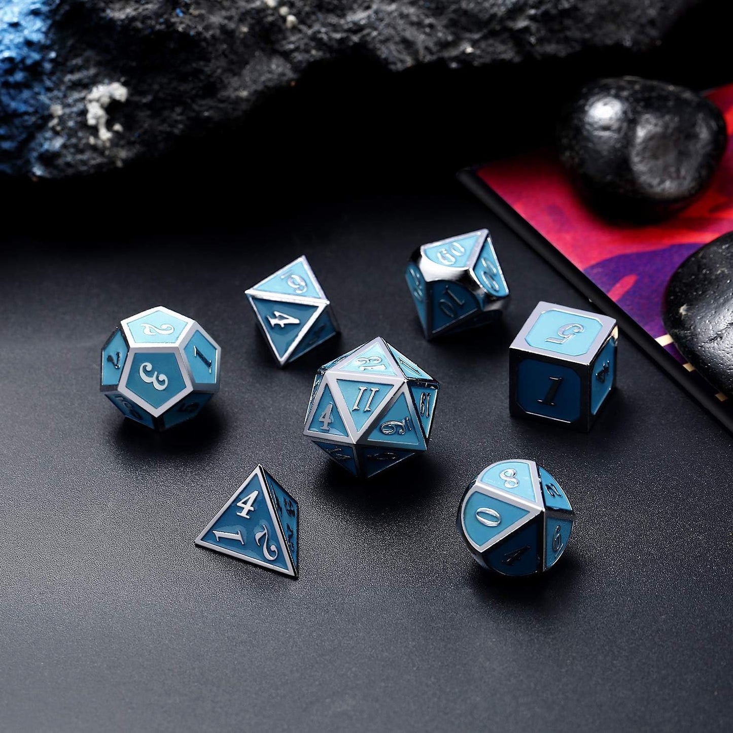 DnDnD Heavy Polyhedral Metal Dice Set with Metal Box, 7-die Shiny Blue Surface with Golden Number for RPG,Dungeons and Dragons,Pathfinder,Shadowrun,D&D,Role Palying Game and Math Teaching - Colors B