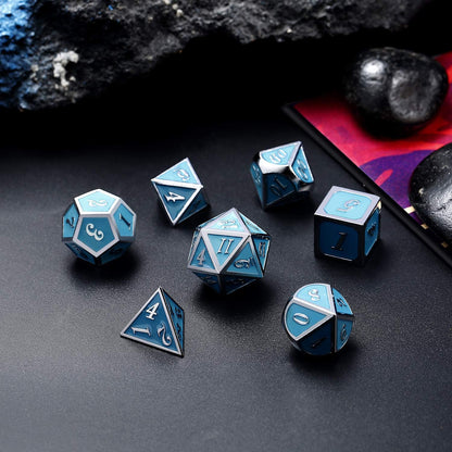 DnDnD Heavy Polyhedral Metal Dice Set with Metal Box, 7-die Shiny Blue Surface with Golden Number for RPG,Dungeons and Dragons,Pathfinder,Shadowrun,D&D,Role Palying Game and Math Teaching - Colors B