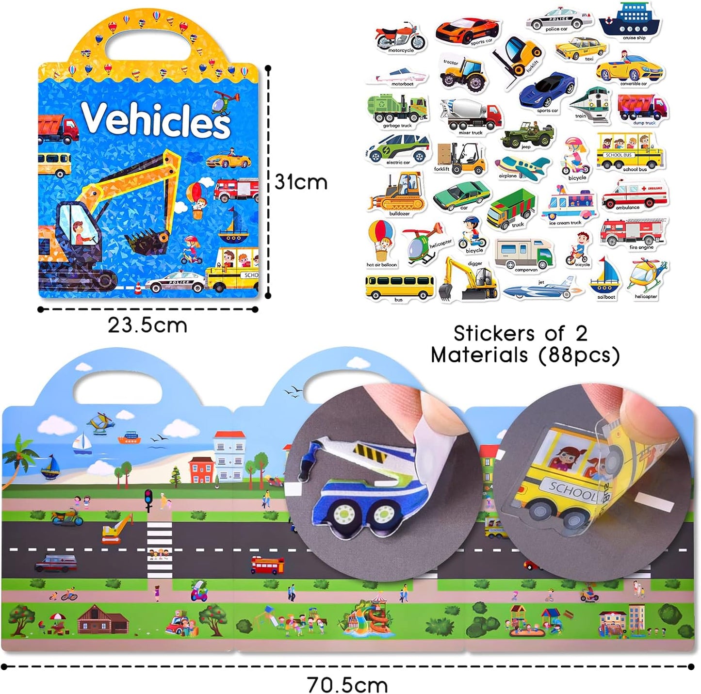 ASTARON Reusable Sticker Book for Toddlers, 88 Pcs Dinosaur Stickers Road Trip Activities Car Airplane Activities Travel Toys for Kids, Kids Quiet Time Activities (2-6 Age)