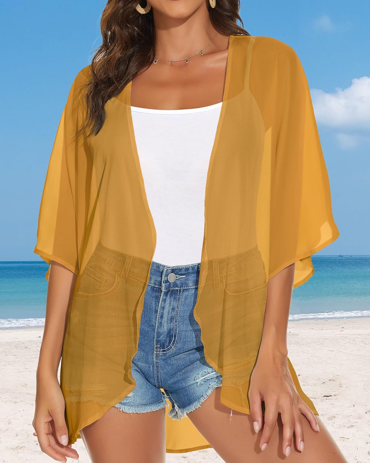 Womens Kimono Cardigans Beach Cover ups Swimwear Puff Sleeve Loose Casual Summer Tops 2026