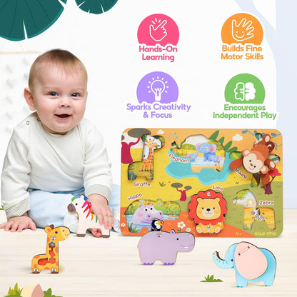 Kalotoys Wooden Montessori Jungle Animal Puzzle for Toddlers 1-3 – Interactive Sensory Toy with Mirror, Zip & Sound – Educational Baby Gift for Fine Motor Skills & Autism Friendly (6 Animals)