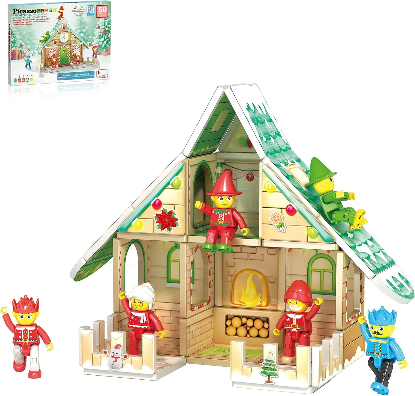 PicassoTiles Magnetic Tile Christmas Holidays Cottage Building Set with Santa Elves Nutcracker 6 Character Figures STEM Educational Construction Toy Winter Magnet Block Gift for Kids Age 3 Plus PTQ08