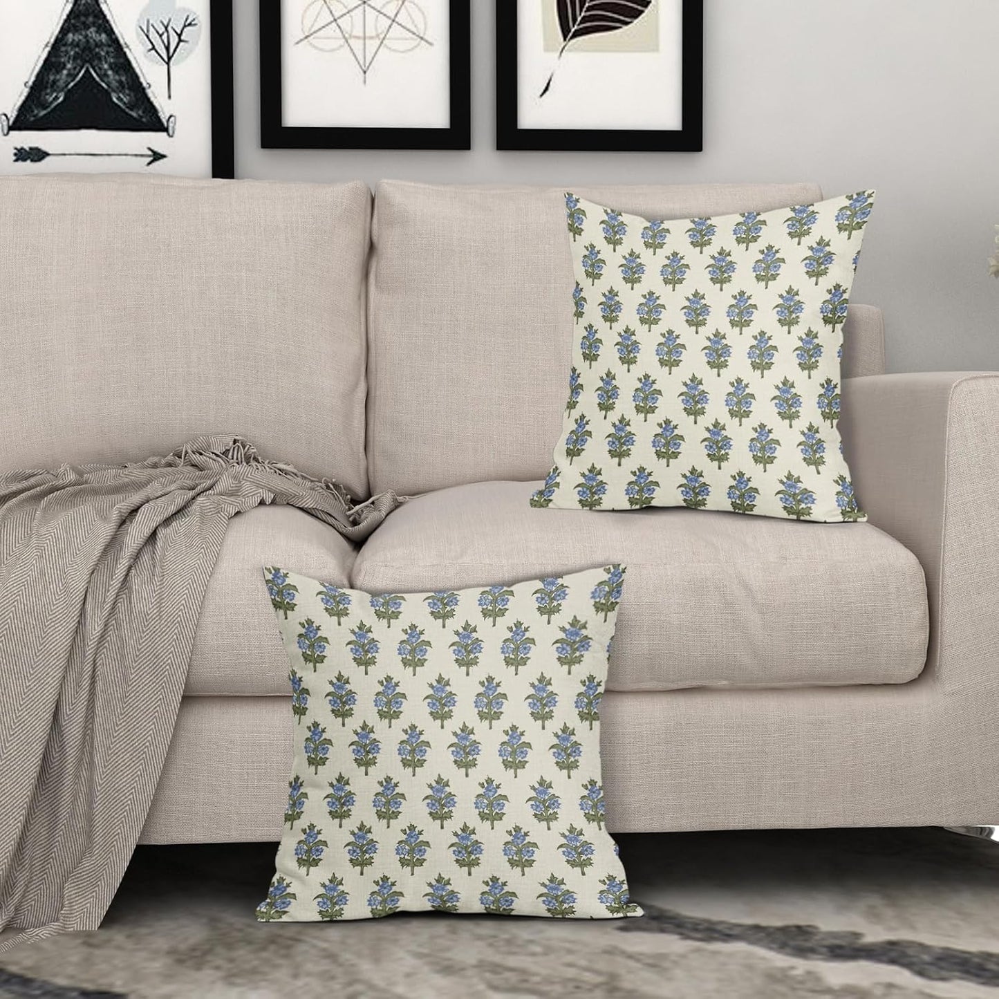 Sage Green Blue Floral Block Print Pillow Covers 18x18 Set of 2 Spring Flower Pattern Decorative Throw Pillowcases Outdoor Rustic Farmhouse Square Cushion Cases Decor for Home Couch Sofa Bed