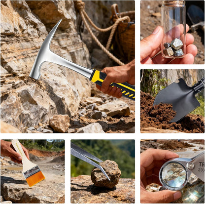 Geology Rock Pick Hammer Kit – 25PCS Rock Hammer Kit, Complete Geology Kit with Chisels,Folding Shovel, Safety Gear,Gold Panning Kit Accessories, Rock Hounding Equipment for Outdoor Exploration