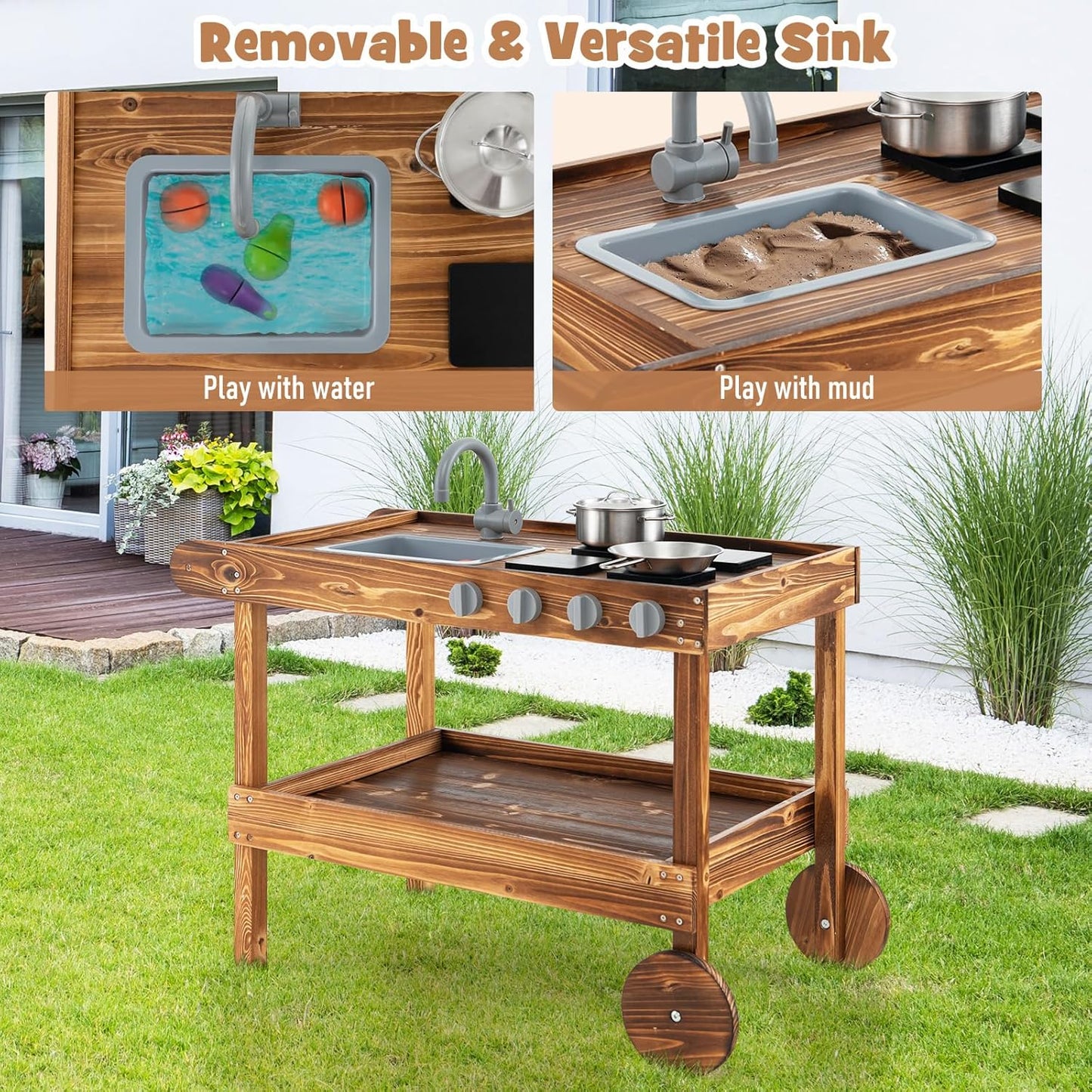 KOTEK Mud Kitchen with Canopy, Outdoor Play Kitchen with Removable Sink, Chalkboard, 4 Stoves, Cooking Accessories & Storage Cabinet, Wooden Toy Kitchen Playset for Kids Age 3+