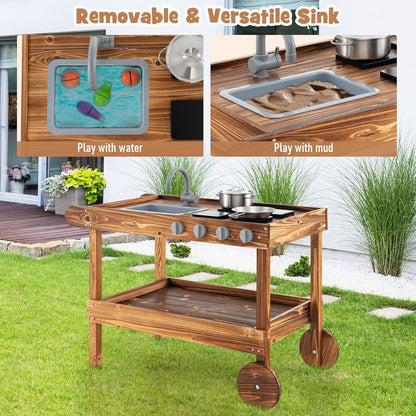 KOTEK Mud Kitchen with Canopy, Outdoor Play Kitchen with Removable Sink, Chalkboard, 4 Stoves, Cooking Accessories & Storage Cabinet, Wooden Toy Kitchen Playset for Kids Age 3+