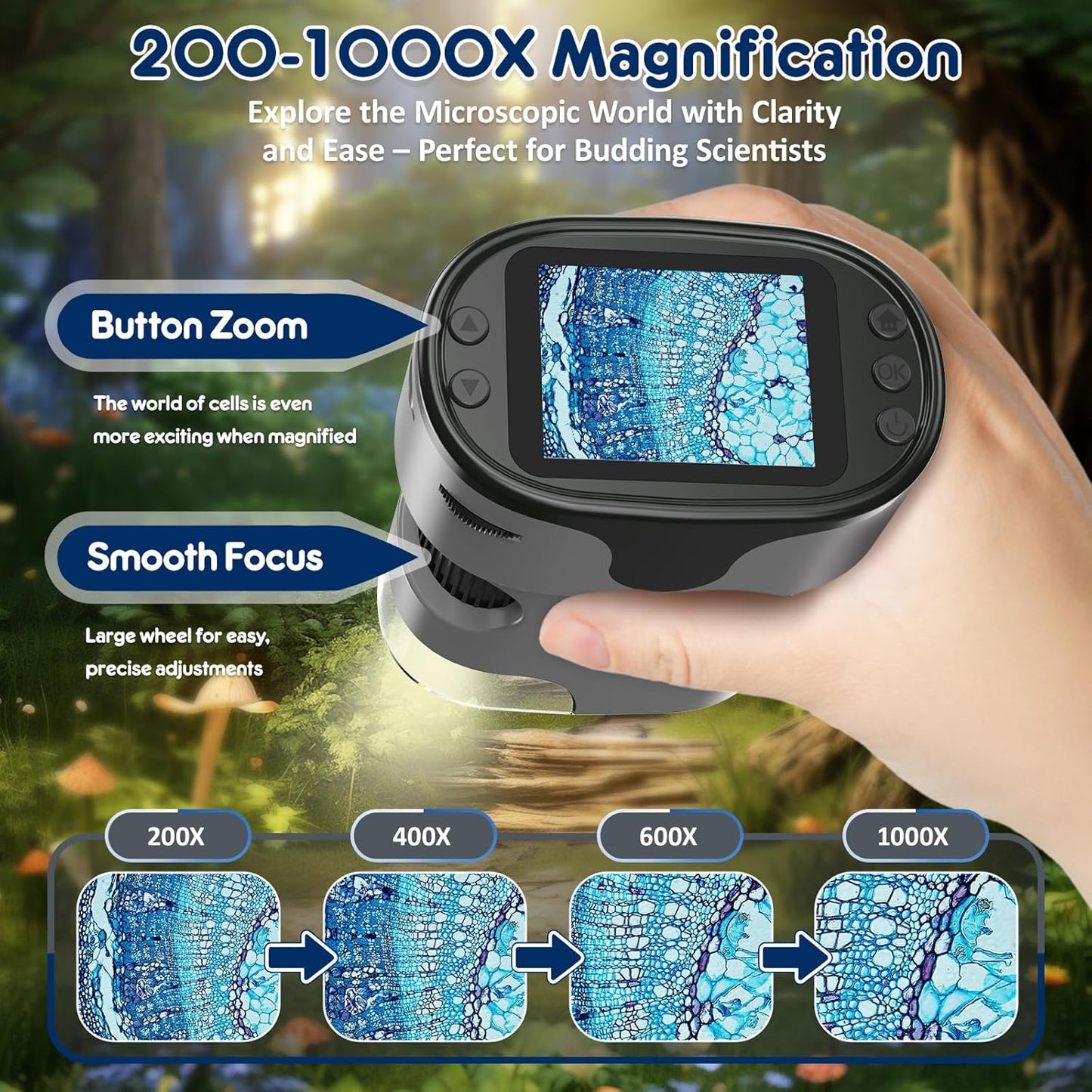 1000X Handheld Microscope for Kids 4K 2.0" Screen Rechargeable Mini Pocket Digital Microscopes w/Slides Kit Portable Edu Gift Age 4-6 8-12 Children Students (White)