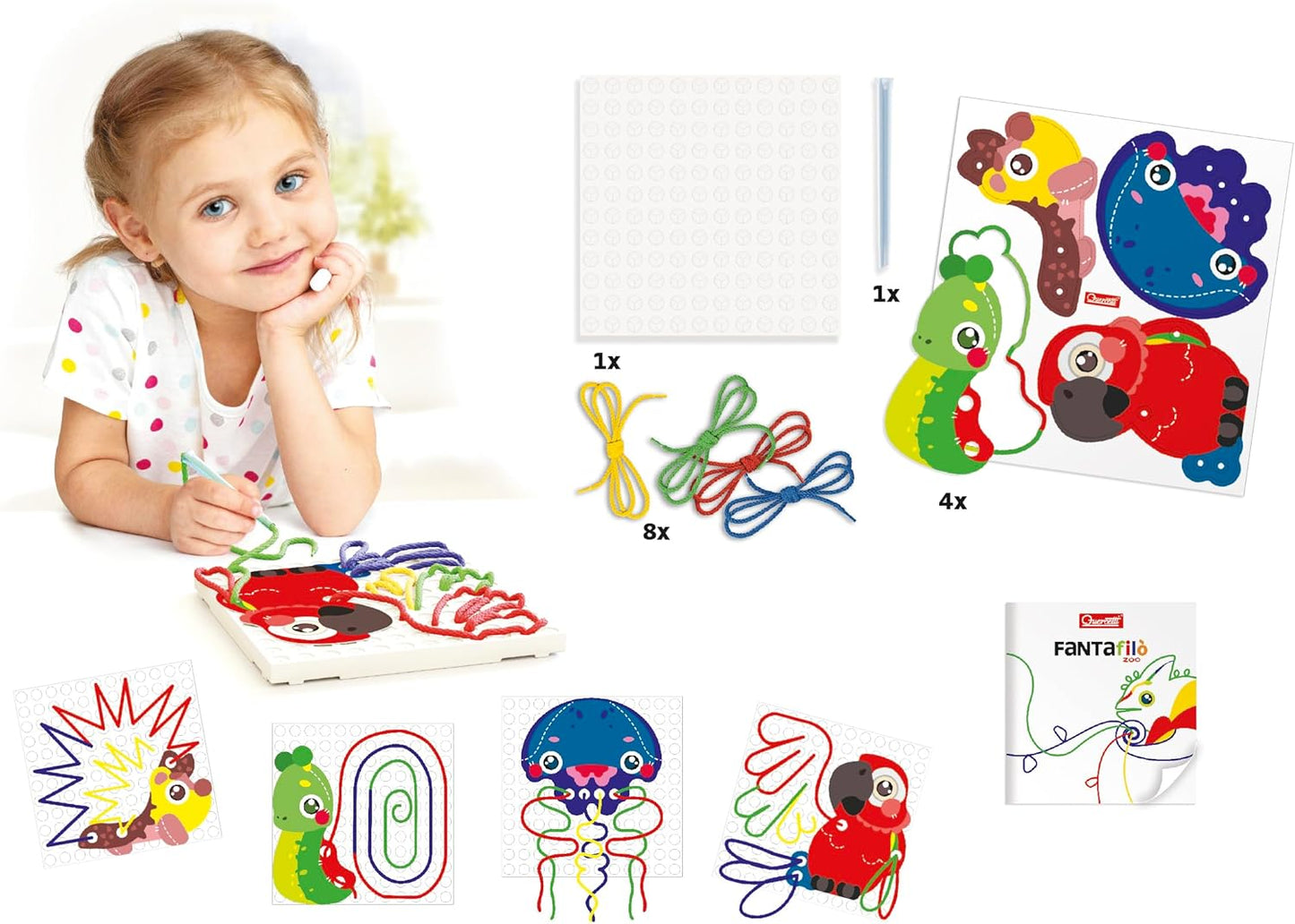 Quercetti Filo Play Set - A Novel Lacing Tool with 18 Pattern Templates to Create Art with String- for Ages 4 and Up (Made in Italy)
