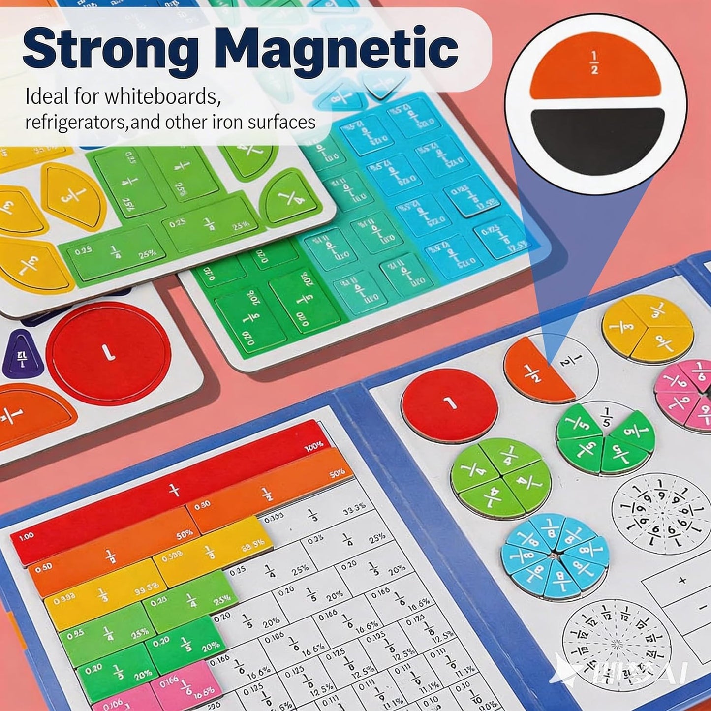Magnetic Fraction Educational Puzzle, Magnetic Fraction Demonstration Book with Fraction Tiles & Circles, Math Manipulatives for Elementary School, Math Learning Skills for Kids