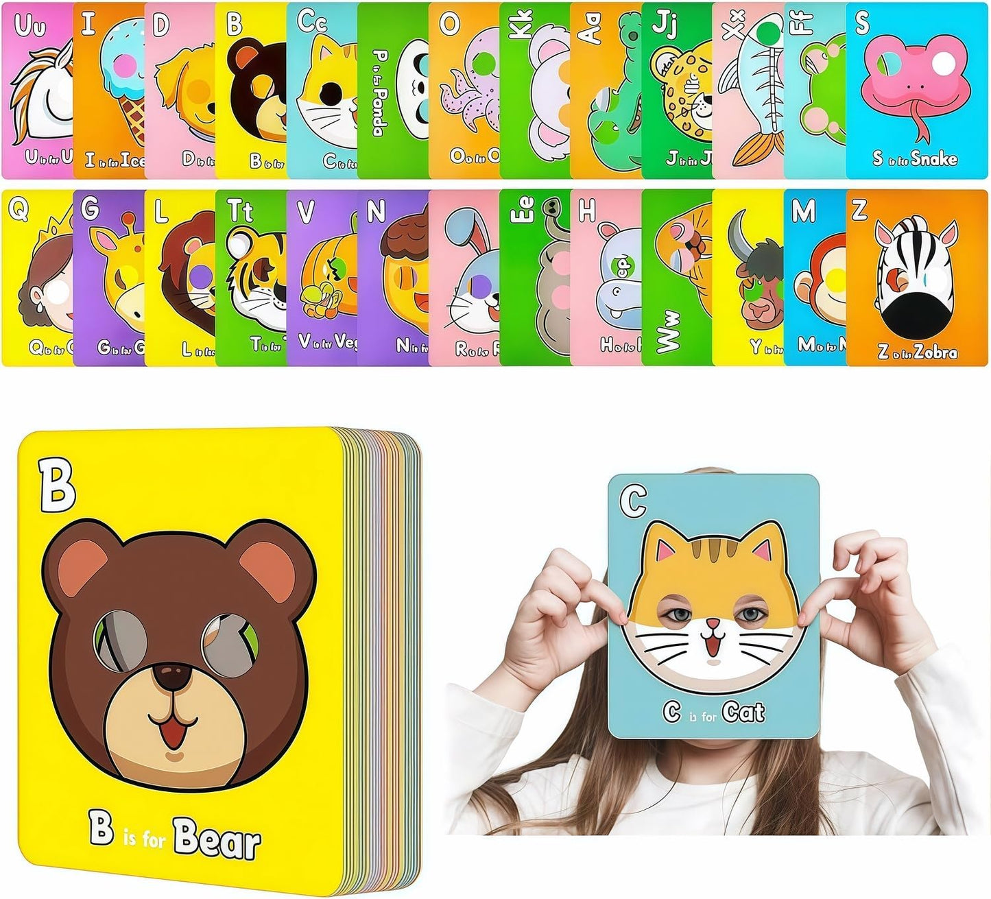 Alphabet ABC Flash Cards with Animal Masks, 26 Giant Animal mask Alphabet Cards, nteractive Education Games, Uppercase & Lowercase Learning Games，Colorful Mask Flashcards