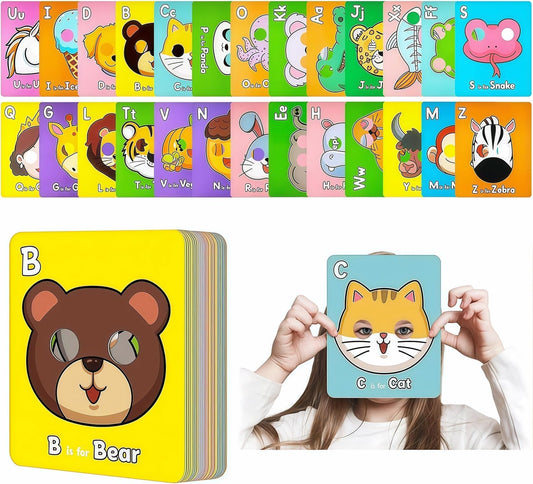 Alphabet ABC Flash Cards with Animal Masks, 26 Giant Animal mask Alphabet Cards, nteractive Education Games, Uppercase & Lowercase Learning Games，Colorful Mask Flashcards