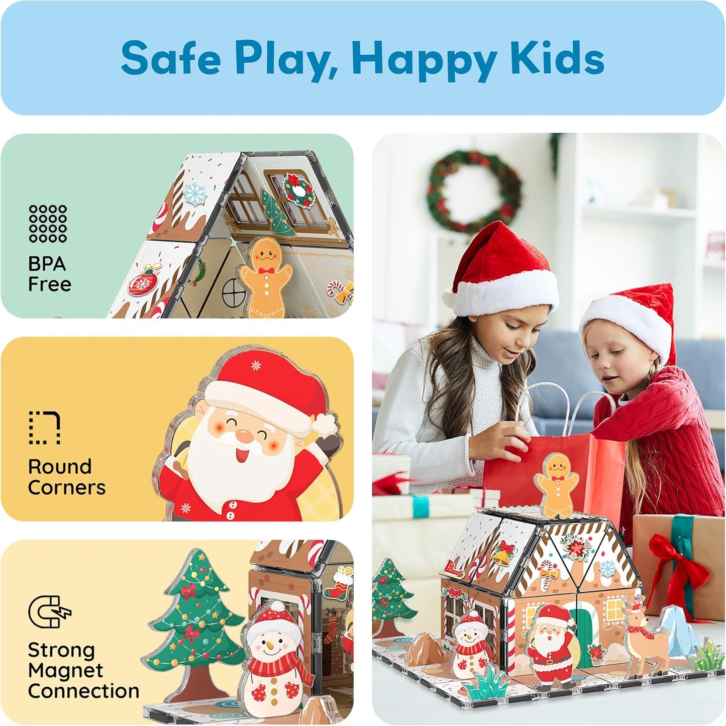 PicassoTiles Magnetic Tile Christmas Holidays Cottage Building Set with Santa Elves Nutcracker 6 Character Figures STEM Educational Construction Toy Winter Magnet Block Gift for Kids Age 3 Plus PTQ08