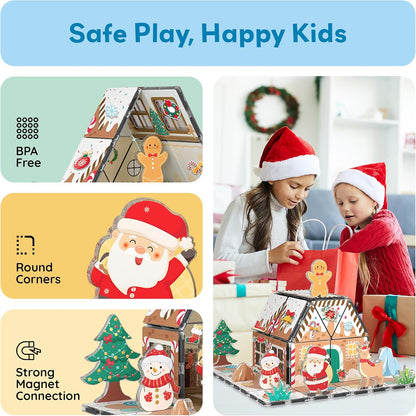 PicassoTiles Magnetic Tile Christmas Holidays Cottage Building Set with Santa Elves Nutcracker 6 Character Figures STEM Educational Construction Toy Winter Magnet Block Gift for Kids Age 3 Plus PTQ08