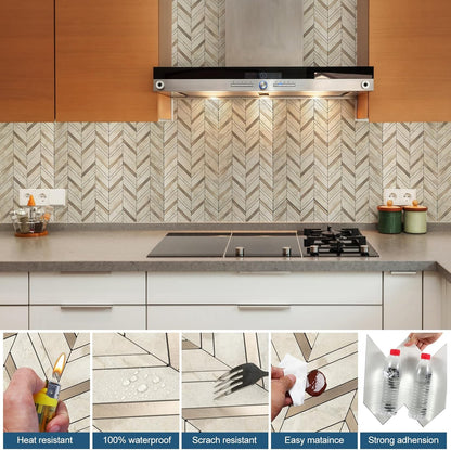 Yipscazo 10 Sheets Herringbone Backsplash Peel and Stick Tile, Marble Calacata Mixed Metal Gold PVC Stick on Backsplash for Kitchen, Waterproof Self Adhesive Wall Tile for Bathroom