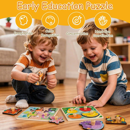Wooden Puzzles for Toddler Peg Puzzle Toys, Wooden Jigsaw Puzzles Zoo Animal Patterns Puzzle with Handles Educational Montessori Puzzles