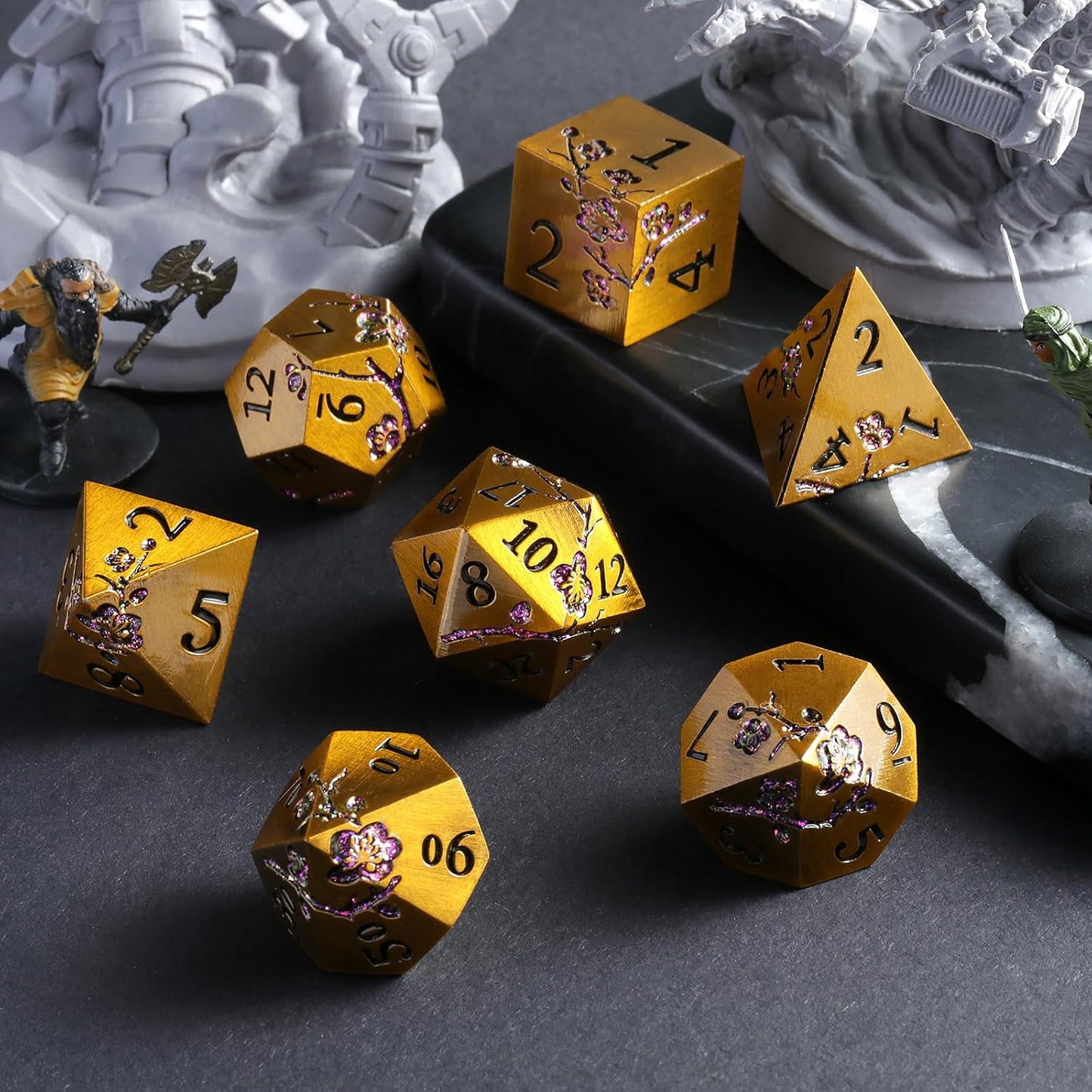 DnDnD Heavy Polyhedral Metal Dice Set with Metal Box, 7-die Shiny Blue Surface with Golden Number for RPG,Dungeons and Dragons,Pathfinder,Shadowrun,D&D,Role Palying Game and Math Teaching - Colors A