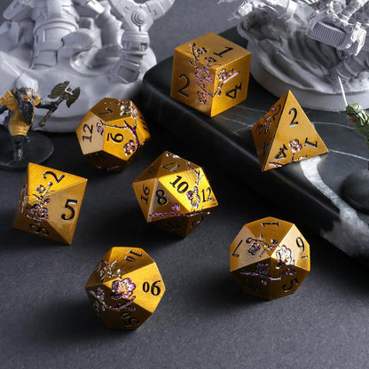 DnDnD Heavy Polyhedral Metal Dice Set with Metal Box, 7-die Shiny Blue Surface with Golden Number for RPG,Dungeons and Dragons,Pathfinder,Shadowrun,D&D,Role Palying Game and Math Teaching - Colors A