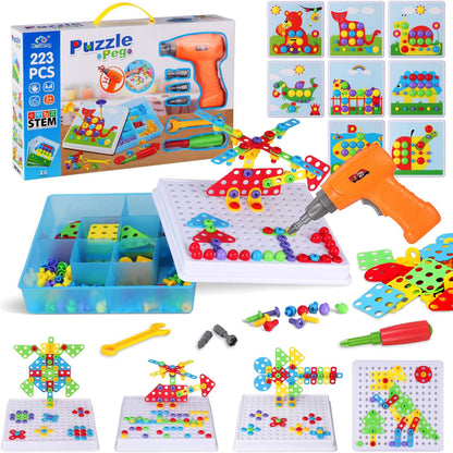 Haifeng Creative Mosaic Tool Kit with Electric Drill, 223PCS STEM Drill Set 3D Building Blocks for Kids, Montessori Educational Construction Toys, Birthday Gift for Boys Girls Ages 3 4 5 6 7 8 10
