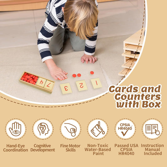 Montessori Wooden Math Counters with Number Cards & Chips 1-10 for Kids 3+ Years Old, Montessori Cards & Counters with Storage Box for Toddlers Math Learning, Preschool Math Toys for Classroom