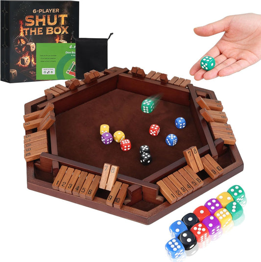 Shut The Box Game for 6 Players - 16 Dice Wooden Hexagonal Board Game, Colorful Math Number Game for Adults, Families, Seniors, for Christmas, Halloween & Valentine's Day