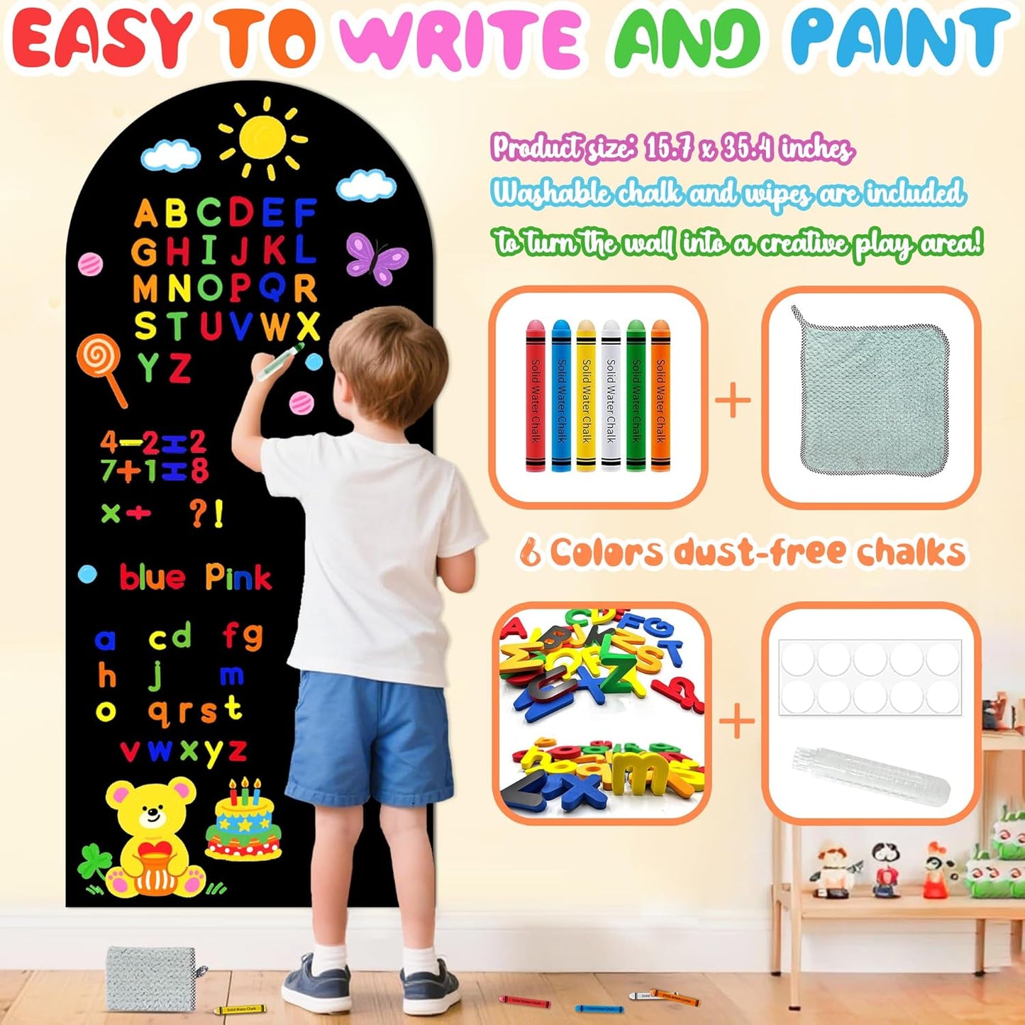 8 PCS Magnetic Wall Decals for Kids Magnetic Chalkboard Peel and Stick Magnet Sheets Board Sticker Tangram Puzzle Self Adhesive Contact Paper Dry Erase Blackboard for Playroom Homeschool 15.7"x10.4"