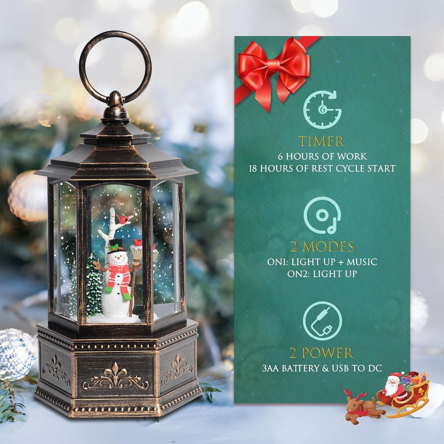 Christmas Snow Globes Lantern, Church and Christmas Tree Christmas Decorations Indoor, 6H Timer Battery & USB Powered Light Up Musical Snow Globes for Kids Women Adults Gift Thanksgiving Home Decor