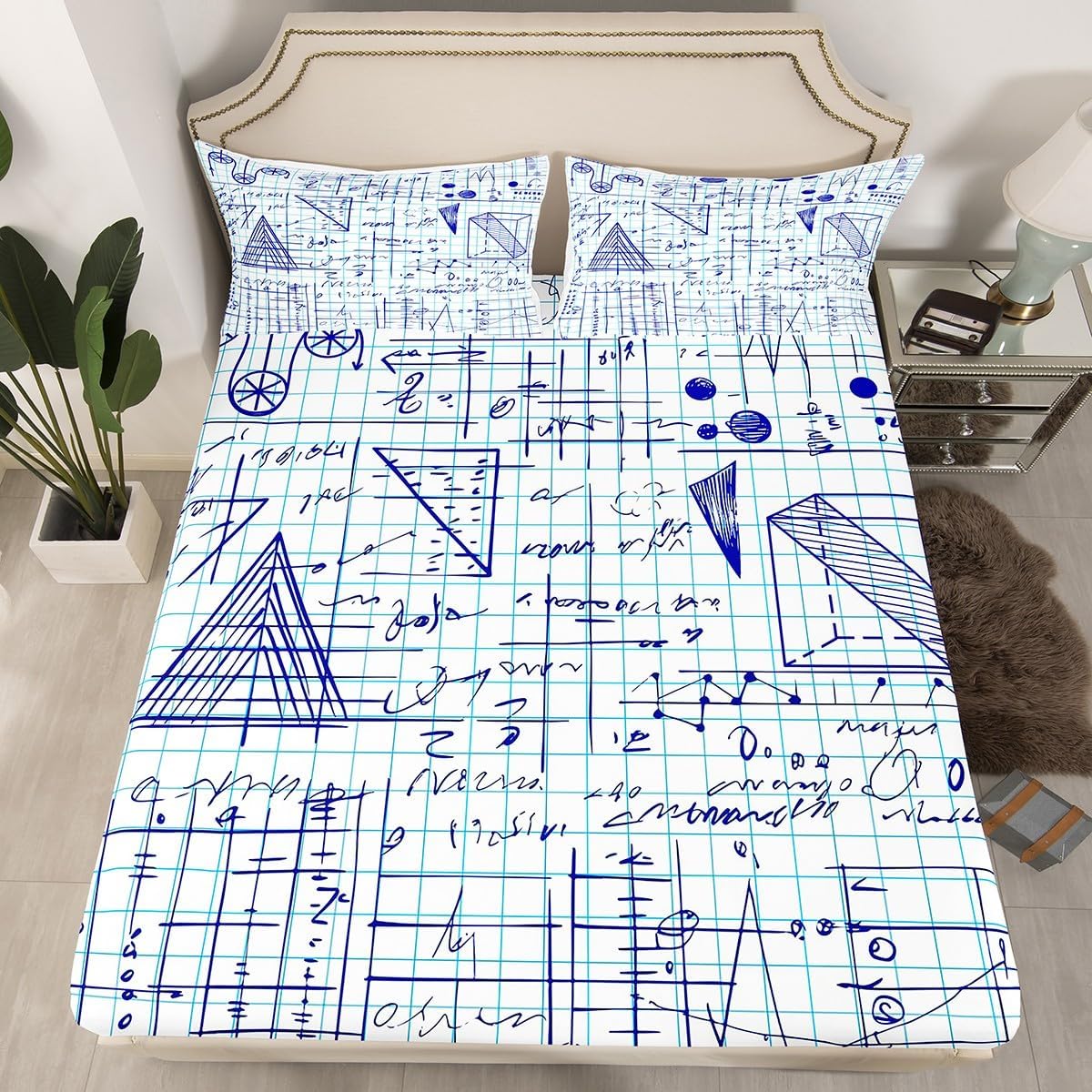 Erosebridal Science Theme Bed Sheets Set Full Size for Boys Girls Chemistry Periodic Table Print Sheet Set Chemical Subject Theme Sheets Teens Kids Math Science Atyle Fitted Sheet 4 Pcs