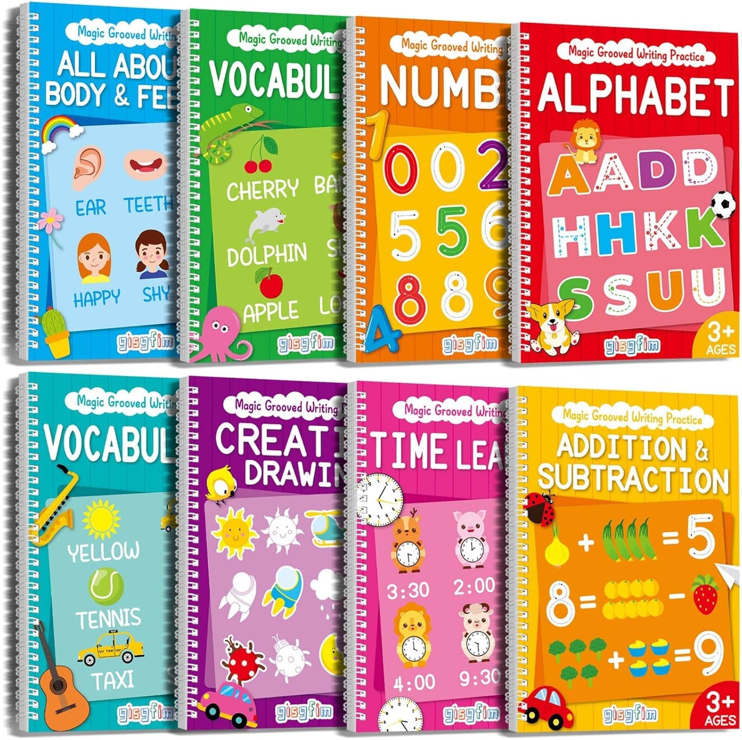 8 Pieces Magic Grooved Writing Practice Books Disappearing Ink Pens Reusable Groove Workbooks Tracing Handwriting Practice Without Tears for Kids Kindergarten Preschool Supplies,10.2 x 7.3inch