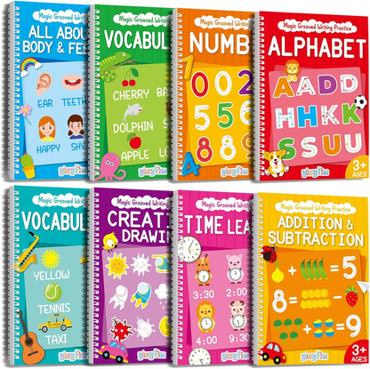 8 Pieces Magic Grooved Writing Practice Books Disappearing Ink Pens Reusable Groove Workbooks Tracing Handwriting Practice Without Tears for Kids Kindergarten Preschool Supplies,10.2 x 7.3inch