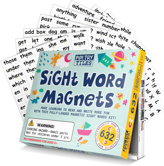 632 Sight Word Magnets – Large .75" Tall Tiles to Learn Reading and Writing with Magnetic Fridge Words - Homeschool or Classroom Tool for Pre-K, Kindergarten, Grades 1-3