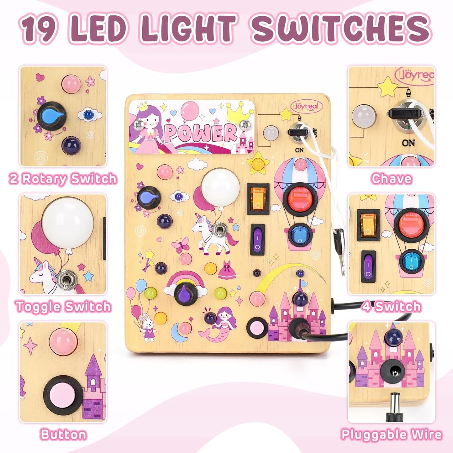 Joyreal Busy Board with 19 LED Lights and 10 Switches, Montessori Toys for 1 2 3 Year Old, Wooden Sensory Activity Board for Toddlers, Travel Toys for Toddler 1-3 Plane Car, Birthday Gifts for Girls