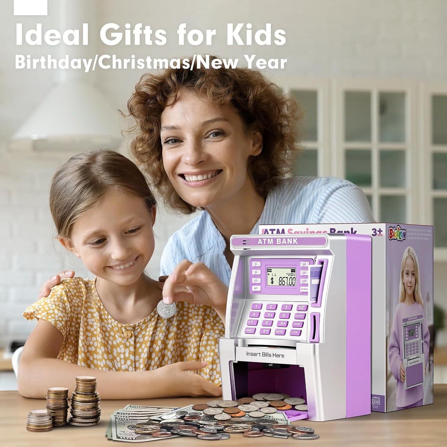 BAODLON Piggy Bank for Kids, ATM Machine Bank for Real Money with Debit Card, Bill Feeder, Coin Recognition, Balance Calculator, Electronic Savings Safe Box, Cool Stuff Toys Gifts for Teen Boys Girls