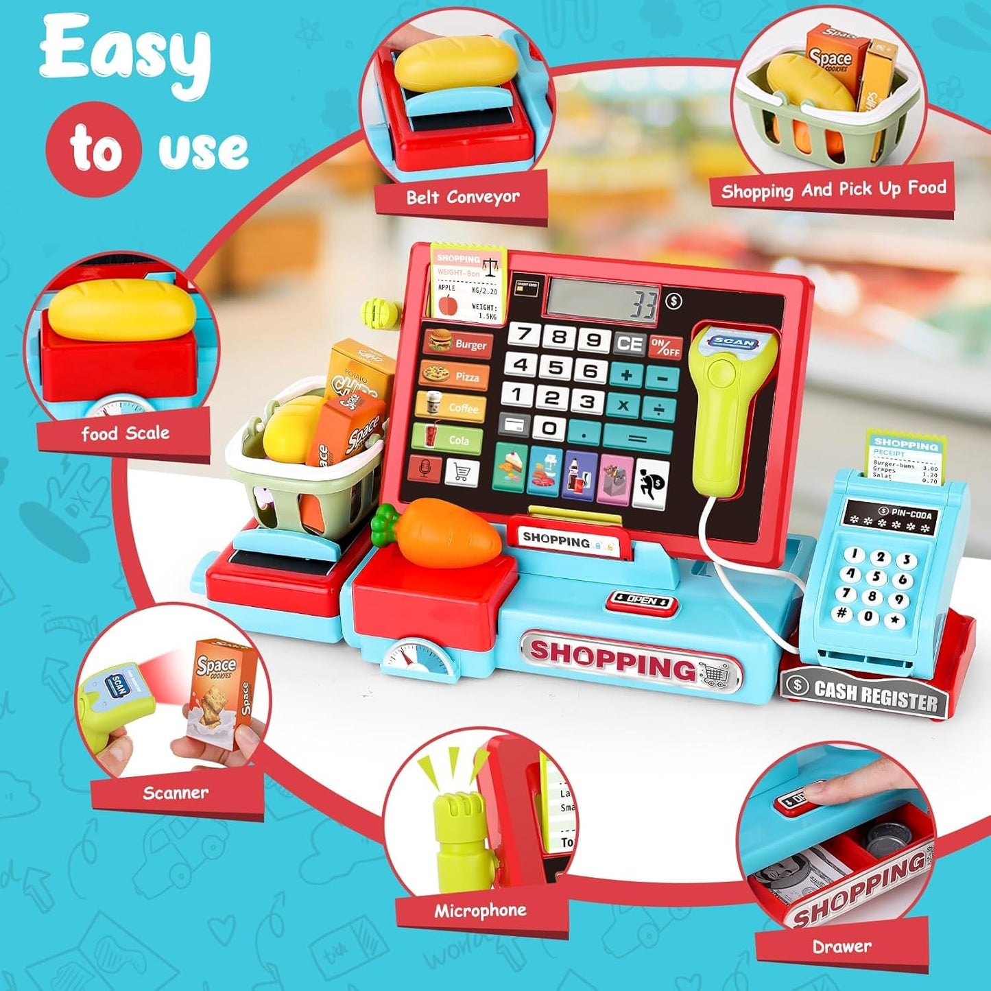 Kids Cash Register Toy Playset, Toddler Prentend Play Store with Real Calculator Cash Register with Scanner/Credit Card/Play Money/Food, Learning Toys for Boys Girls Toddlers(Pink)