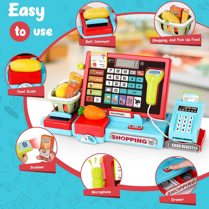 Kids Cash Register Toy Playset, Toddler Prentend Play Store with Real Calculator Cash Register with Scanner/Credit Card/Play Money/Food, Learning Toys for Boys Girls Toddlers(Pink)