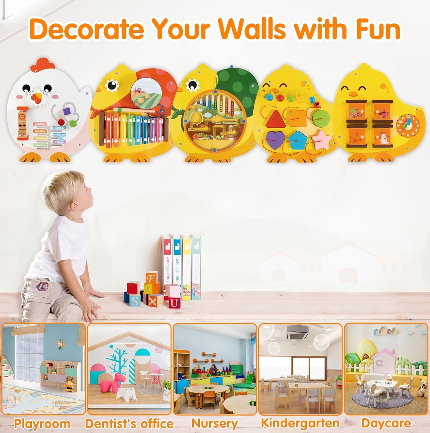 Train Activity Wall Busy Board Panels | 11-in-1 Wooden Sensory Wall Panel for Kids, Toddler Montessori Learning Activity Center, Perfect for Toddler Playroom Nursery Classroom Dentist Waiting Room