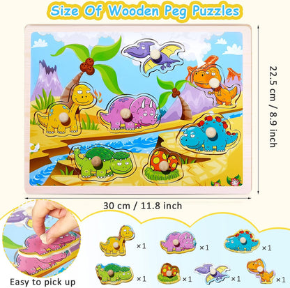 Chivao 8 Pack Wooden Peg Puzzles for Toddlers 2 3 4 5 Years Old Wood Peg Puzzle Animals Wood Jigsaw Puzzles with Animal Vehicle Fruit Shapes, Learning Educational Toy Kids Puzzle for Girls and Boys