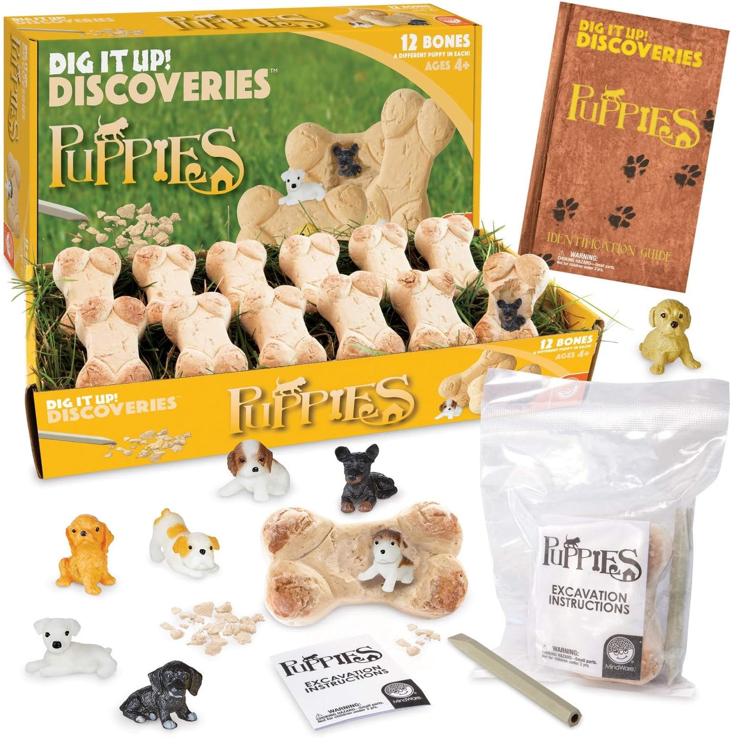 MindWare Dig it Up! Puppies Excavation Kit - Educational Toys for Kids 4 and Up - Dig Kit with 12 Bones, 12 Puppy Figurines, 12 Chisels - Ideal for Group Activities, Events or Classroom Brain Breaks