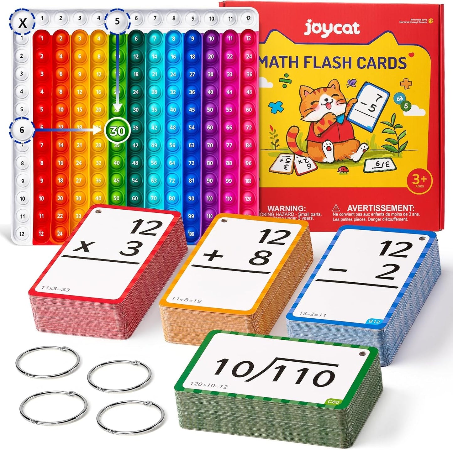 JoyCat Multiplication Flash Cards + Chart- 156 Hole Punched Math Game Flashcards for Kids Ages 8 and Up, Times Table Manipulatives for Preschoolers 3rd,4th,5th,6th Grade