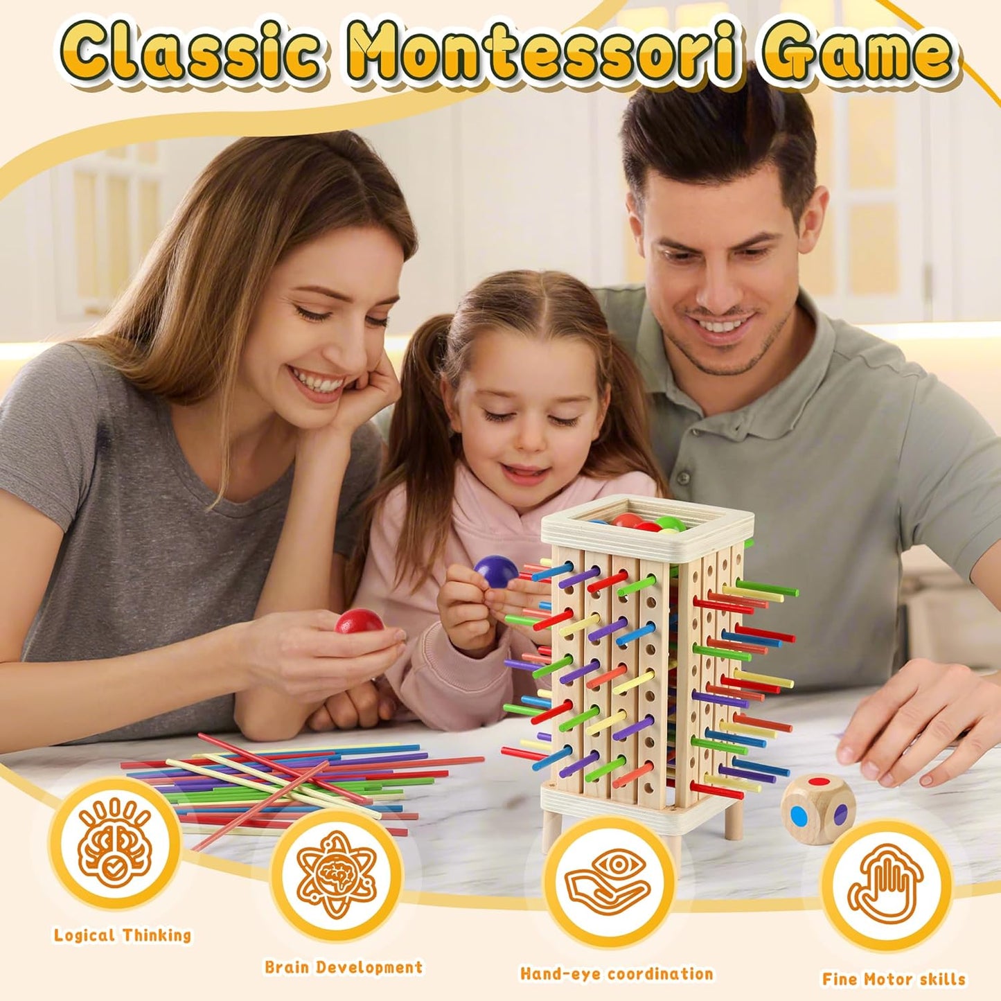 Montessori Game Wooden Board Game, Multiplayer for Kids 4-8, Math Educational, Fine Motor Skill Toy for Girls Boys, Classic Fun Games for Age 3 4 5 6 7 8 Girls Boys Gifts (Storable)