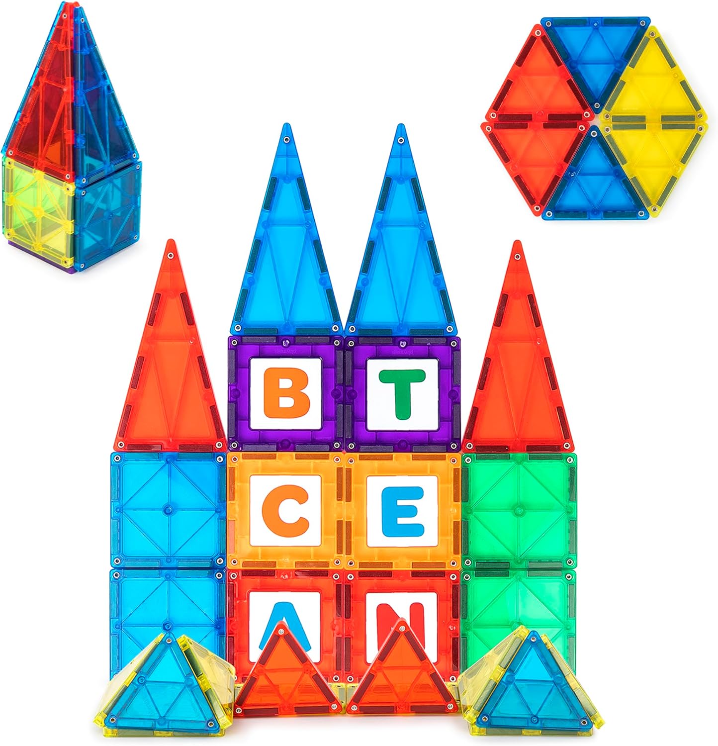 Playmags Magnetic Tiles for Kids 100-Piece Set, STEM Educational Building Blocks Toys for Kids, Includes Click-in ABC Learning Tiles, Gift for Boys & Girls, Add on Magnetic Figures, Car Set Available