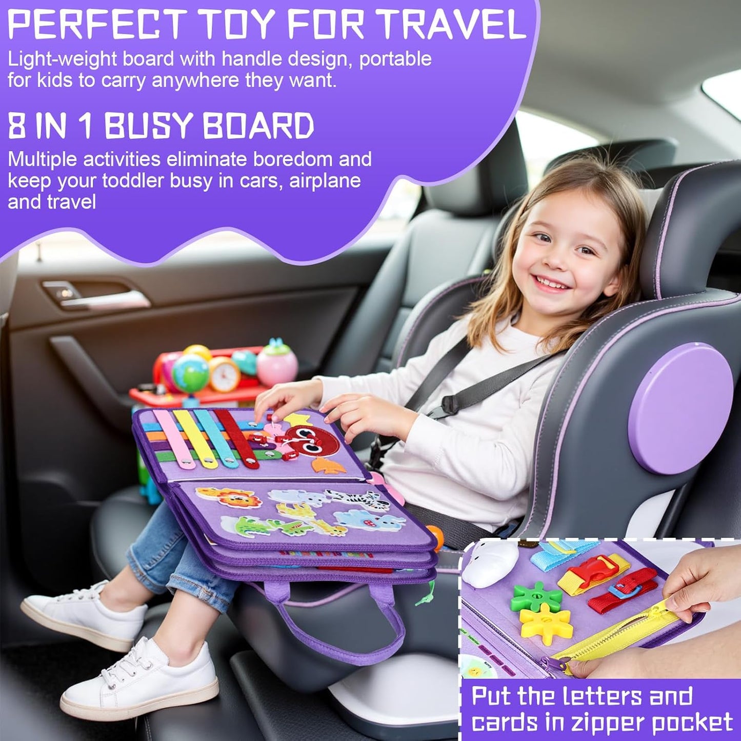 Esjay Toddler Busy Board Montessori Toys for Boys Girls, Sensory Book Educational Activities for Learning Fine Motor Skills, Birthday Gifts for Toddlers, Travel Toys for Airplane Car, White Dinosaur