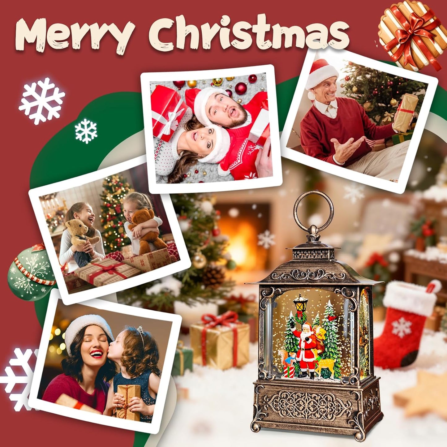Christmas Snow Globes Lantern, Church and Christmas Tree Christmas Decorations Indoor, 6H Timer Battery & USB Powered Light Up Musical Snow Globes for Kids Women Adults Gift Thanksgiving Home Decor