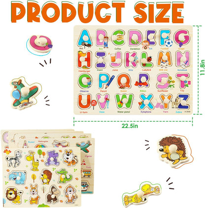Wooden Peg Puzzles for Toddlers, 6 Pack Toddler Puzzles Set for 3 4 5 Years Old, Preschool Education Learning Puzzle Toys for Girls and Boys (Alphabet Number Animal Vehicle Fruit Occupation)